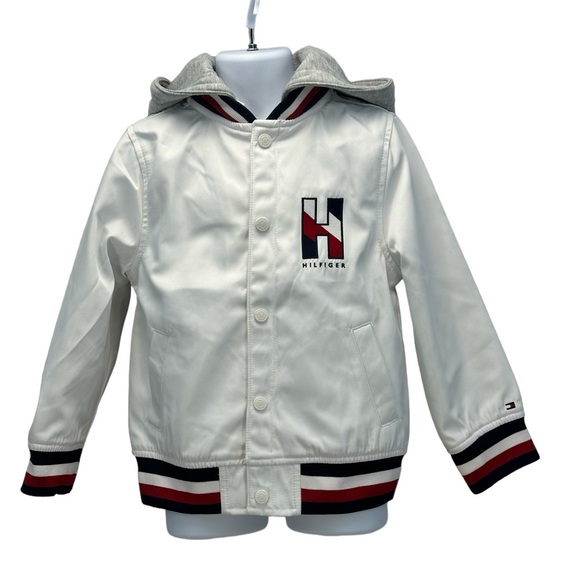 Tommy Hilfiger Boys Long Sleeve Logo Front Fabric Hood Varsity Jacket - White
